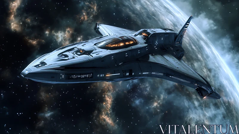 Streamlined spacecraft rendered in orbit around a planet