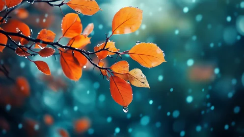 Autumn branch with rain-kissed leaves in teal bokeh glow.