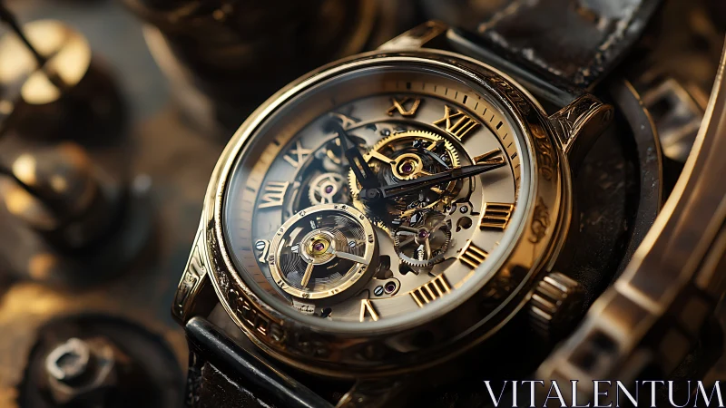 Skeleton luxury watch reveals intricate golden mechanics in detail.
