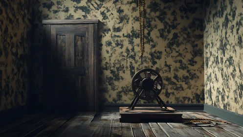 Mysterious pulley device in dim vintage wooden room.