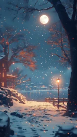 Moonlit embers drift above a snowy lakeside village path.