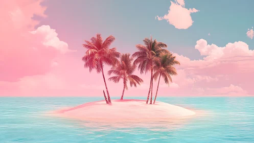 Tropical Island Paradise with Palm Trees Under Dreamy Pink Skies