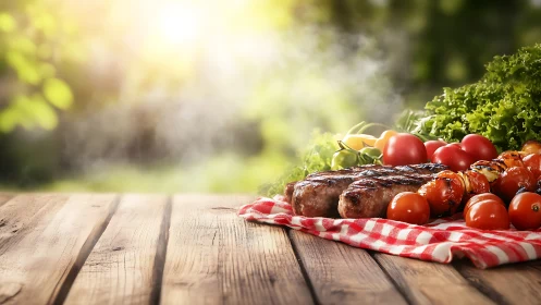 Grilled meat and vegetables on rustic table in summer light.