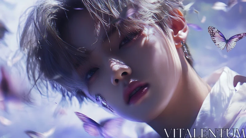 Ethereal androgynous portrait amid drifting violet butterflies.
