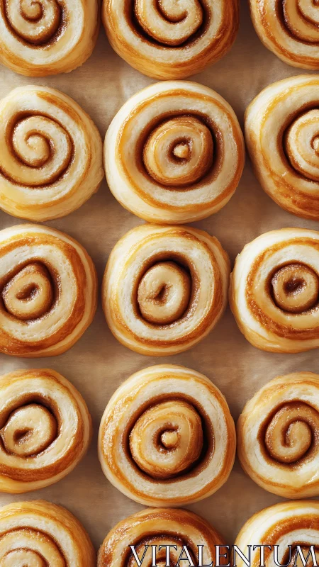 Cinnamon rolls arranged on parchment paper, top-down view