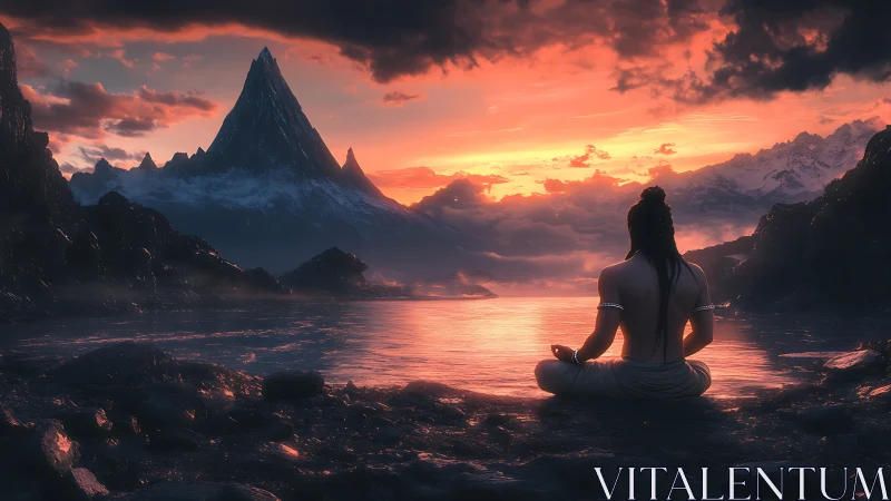 Solitary yogi observes glacial peak across incandescent lake