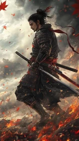 Solitary samurai in ember-strewn battlefield, overcast sky