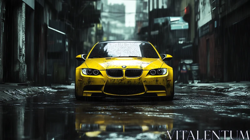 Yellow performance coupe in rain-soaked urban alleyway focus.