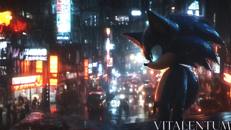Blue hedgehog contemplates neon city streets in the rain