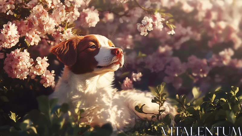 Calm dog rests under glowing pink spring blossoms at sunset