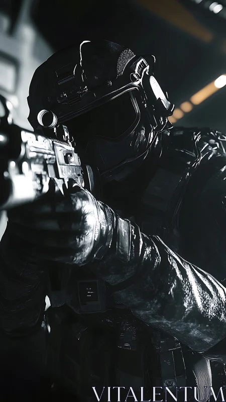 Tactical soldier in dark armor aiming rifle in low light.