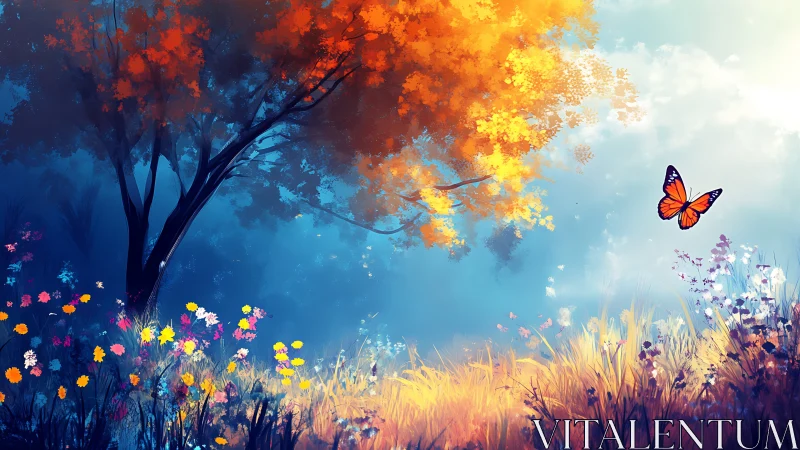 Radiant meadow tree with orange canopy and soaring butterfly.