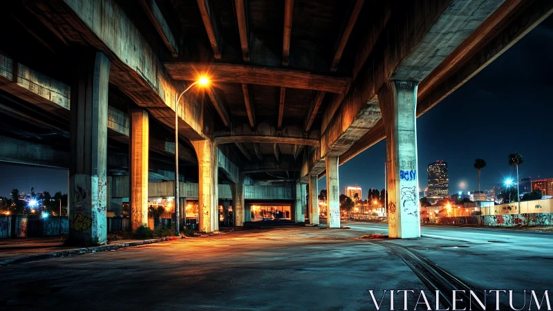 Empty freeway underpass at night with city lights beyond.