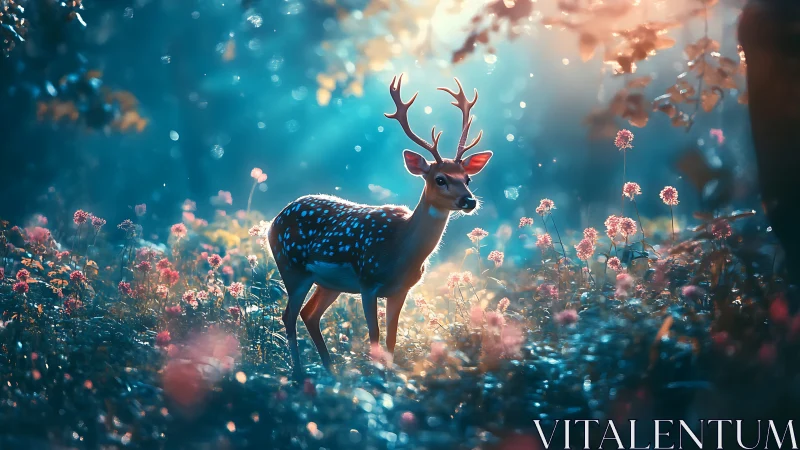 Young stag stands in glowing forest clearing at sunrise