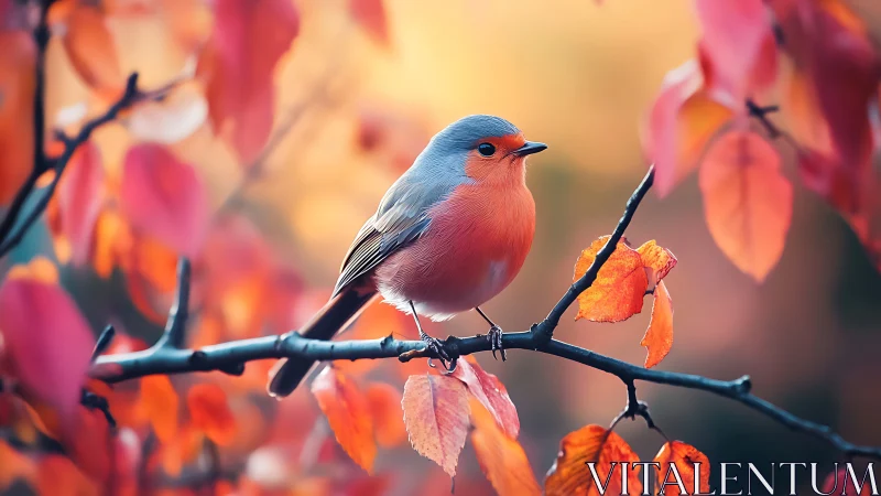 Vibrant robin perched on autumn branch in soft, dreamy focus.