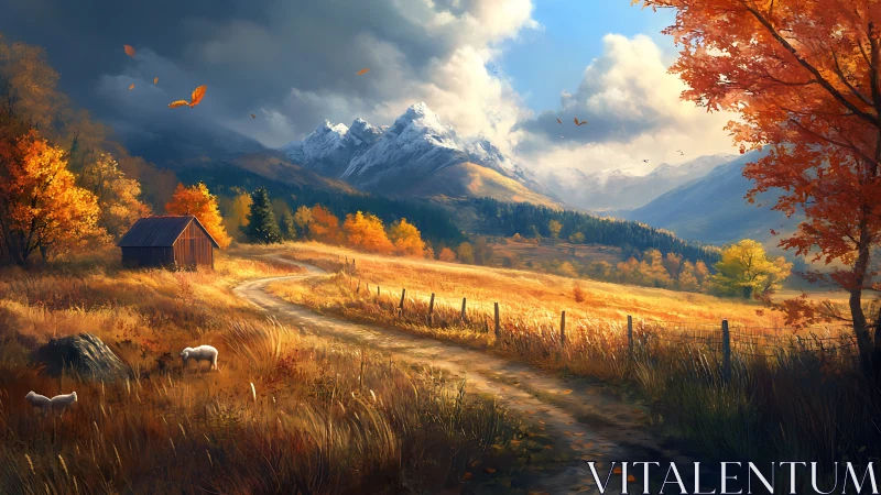 Golden autumn valley path leading toward peaceful peaks.