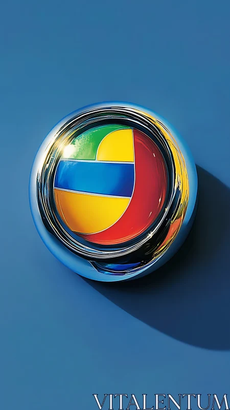 Chromed circular emblem with segmented primary color inlay.