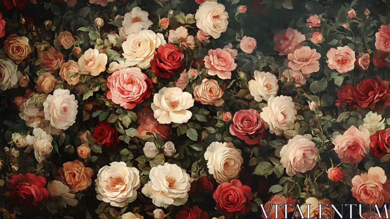 Velvet Rose Symphony: Blooms Dancing in Emerald Twilight.