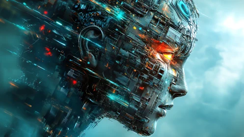 Neon circuitry storms across a cybernetic face finding dawn