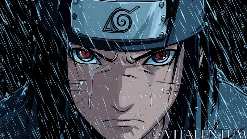 Intense shinobi portrait under heavy stylized rainfall.