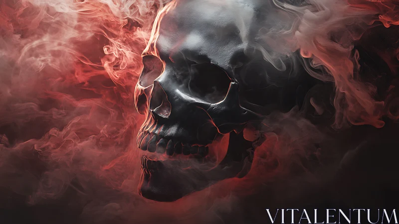 Dark metallic skull emerges through swirling red smoke.