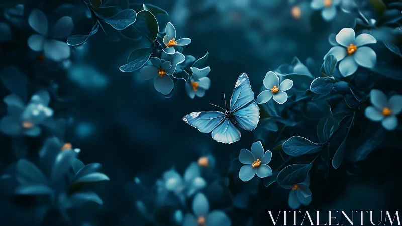 Bioluminescent blue butterfly hovers amid cyan floral bokeh