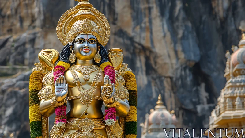Gilded Hindu deity statue stands before cliffside temple domes