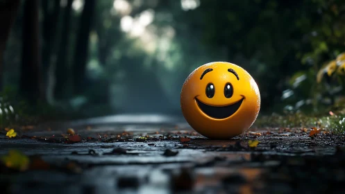 Smiling yellow sphere brightens misty forest pathway.