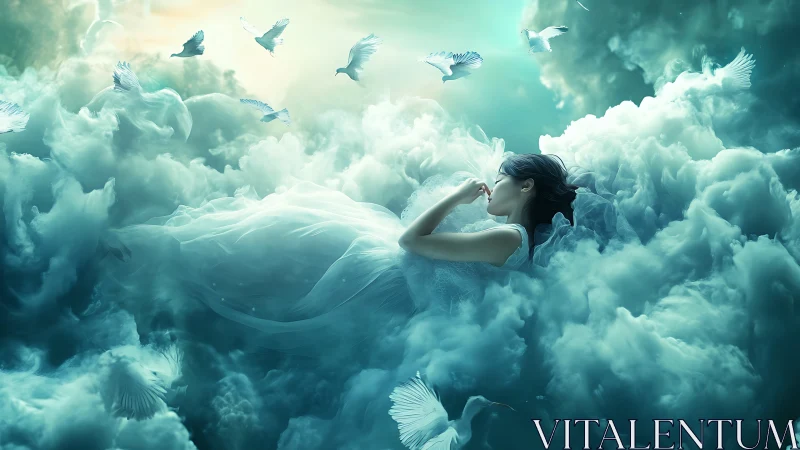 Woman in white dress resting among dense stylized clouds.