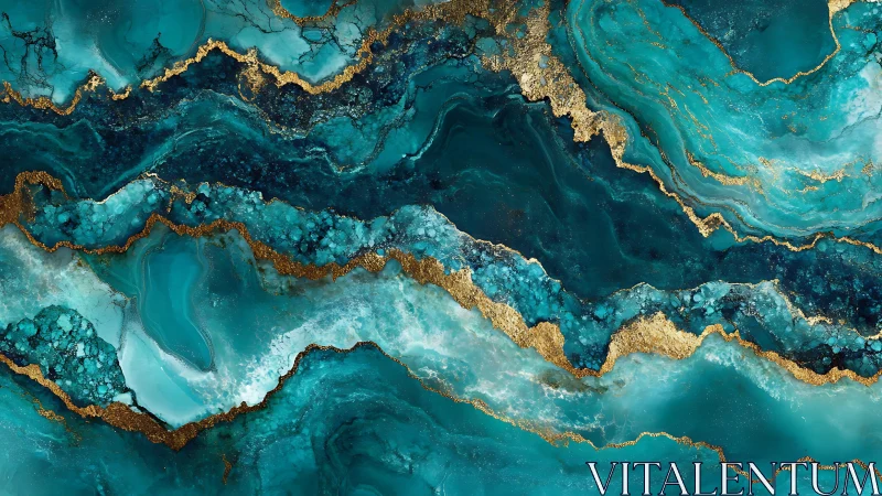 Abstract teal and gold marble texture with fluid, elegant lines.