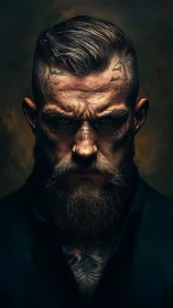 Brooding tattooed man with beard in dramatic portrait.