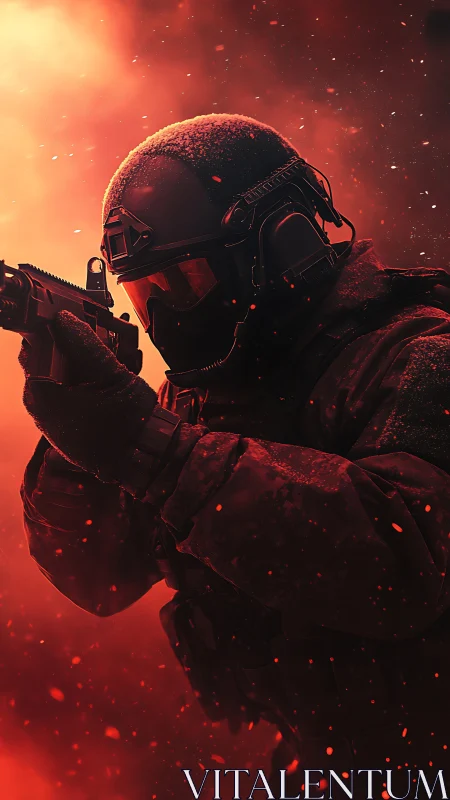 Tactical soldier advances through blazing red battlefield.