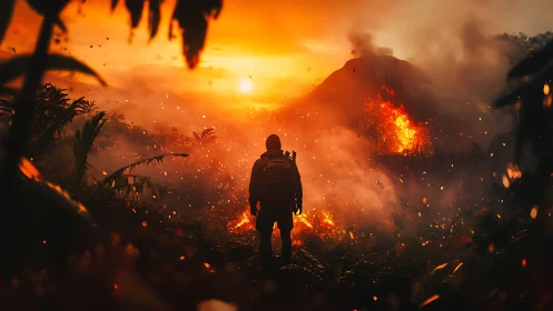 Silhouetted figure observes volcanic eruption across distance