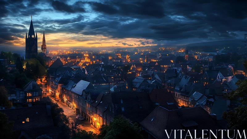Old European town under evening sky with warm lights.