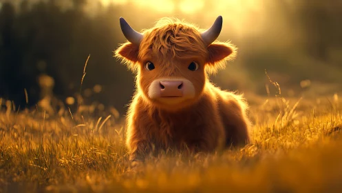Golden light bathes fluffy calf in soft meadow glow.