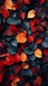 Crimson and teal leaves form dense autumn foliage field.