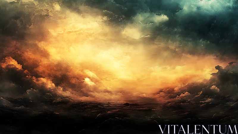 Turbulent cloudscape over dark sea with radiant stormbreak