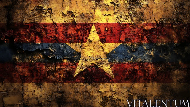 Weathered grunge star emblem overlays cracked striped wall