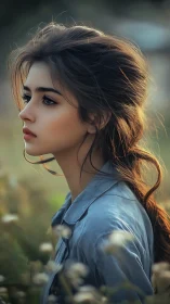 Side-profile portrait in shallow-depth botanical bokeh field.