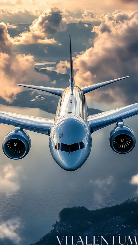 Commercial jetliner captured head-on in luminous cloudscape