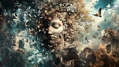 Stone forest goddess dissolves into swirling birds and ruins