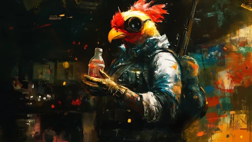 Bold Bird Warrior Stands Ready in Vibrant Urban Setting