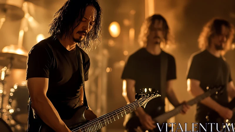 Guitarist lost in a powerful live rock performance glow.