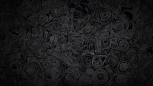 Abstract black and white doodle art with intricate swirling patterns.