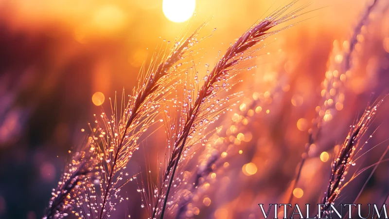 Backlit dew-laden grass inflorescences under golden bokeh glow.
