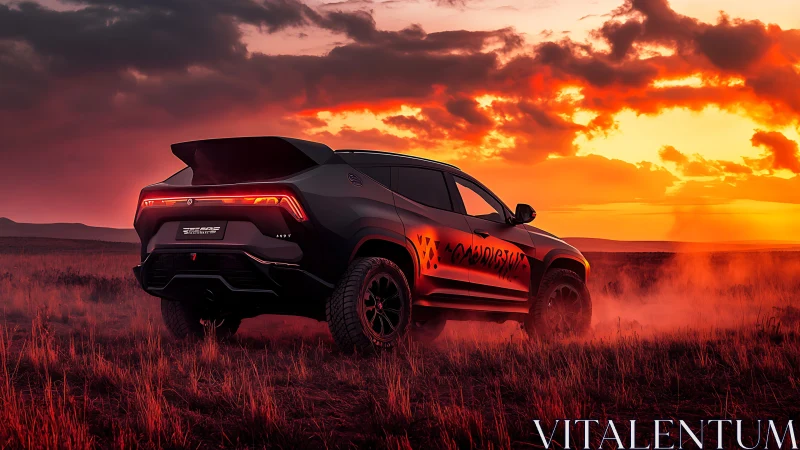Off-road performance SUV powers through sunset dust field