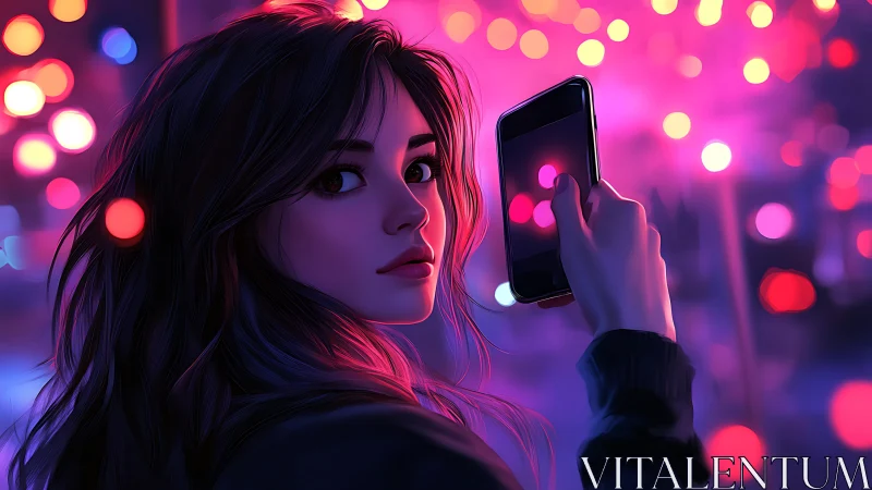 Girl with smartphone gazes into neon city lights at night