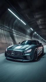 Mercedes-Benz sports coupe in motion through lit tunnel.
