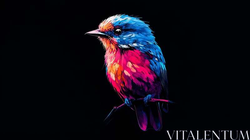 Neon songbird illustration on black minimalist background.