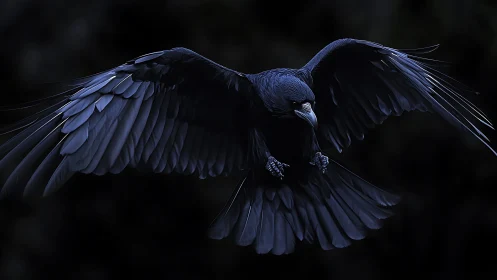 Majestic Black Raven in Flight Against Darkness.